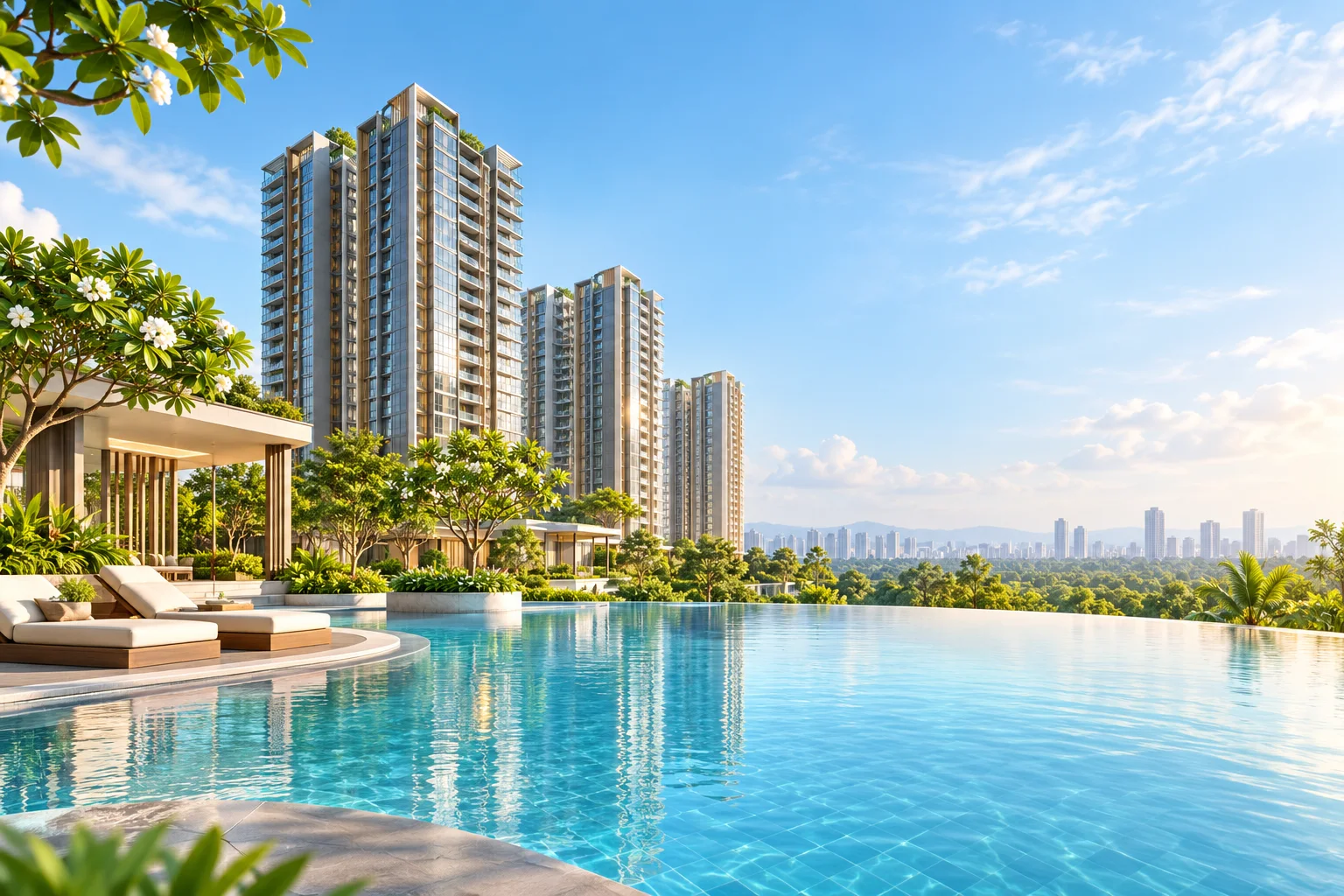 Luxury pool and residential towers in daylight