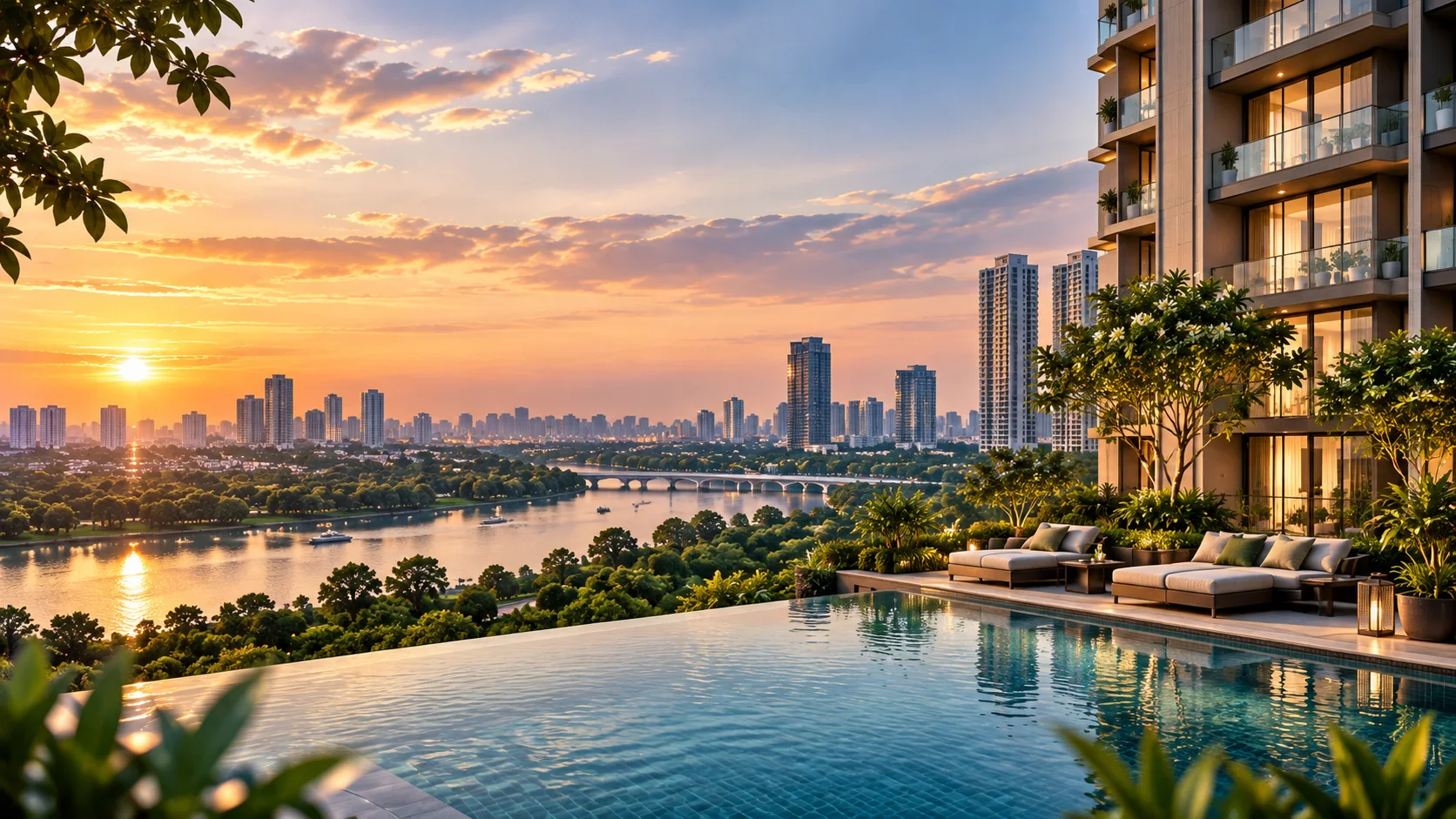 Luxury residential skyline with riverside pool in Delhi
