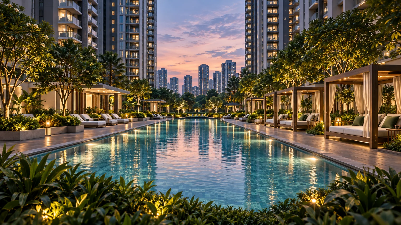 Premium residential pool and landscaped amenities at twilight